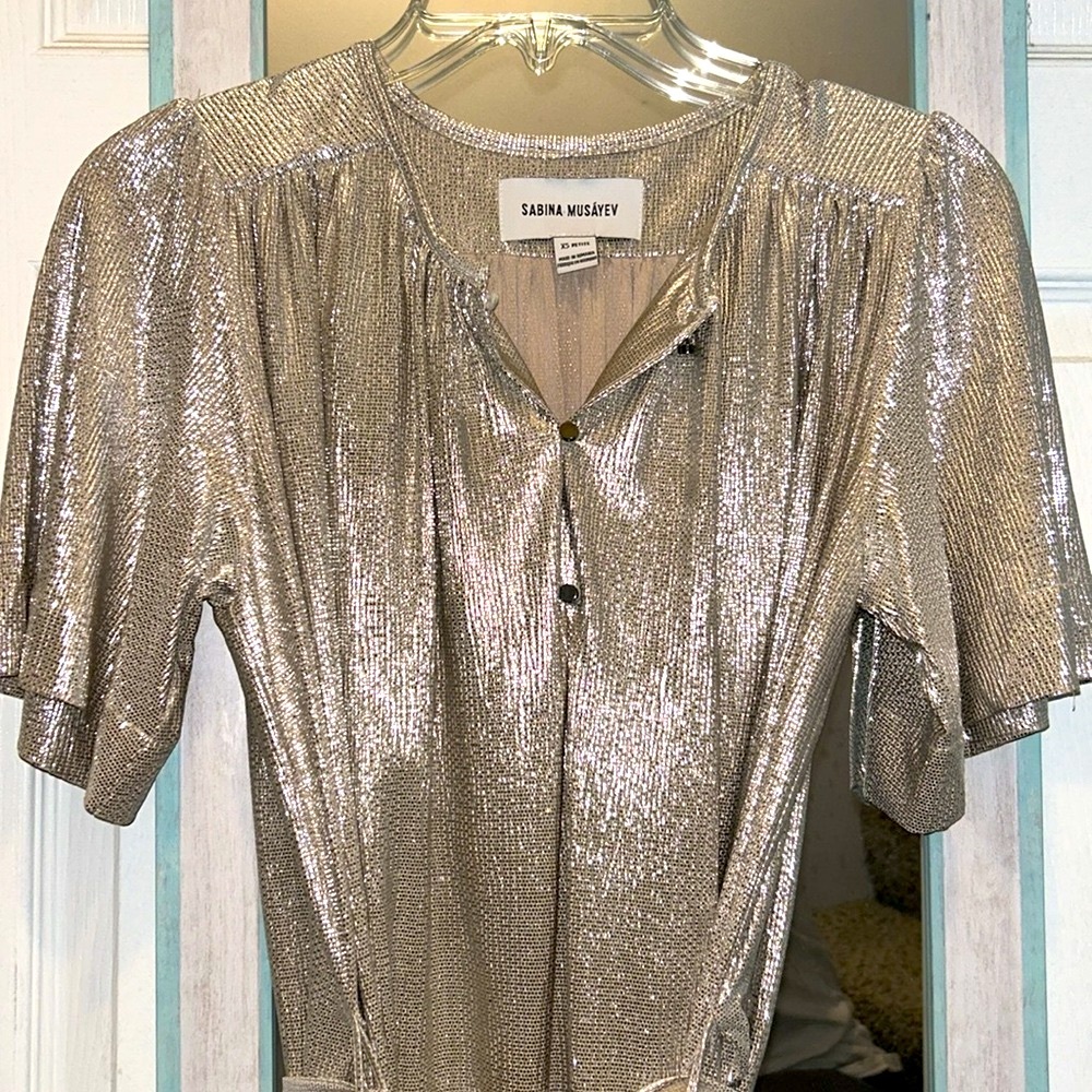 Sabina Musayev Anthropologie Mercury Silver Metallic Shirt Dress